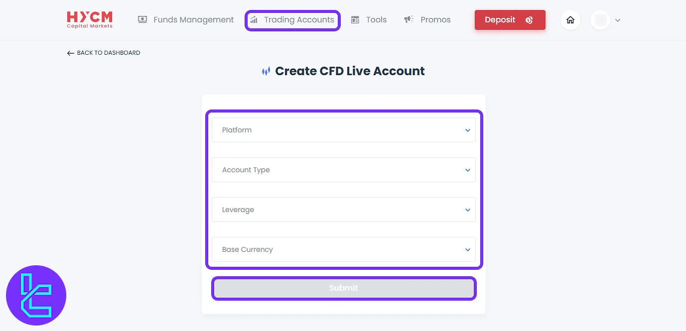 HYCM trading panel account creation form for new users