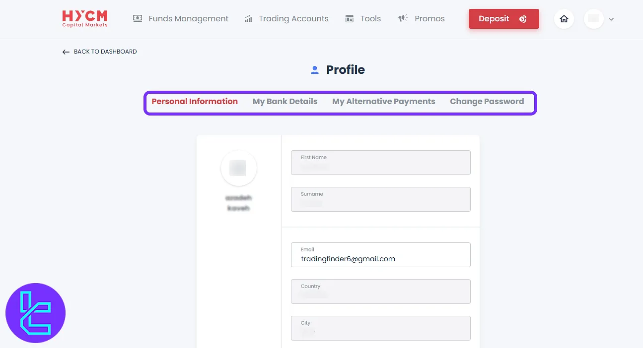 HYCM user profile section with personal info and payment options
