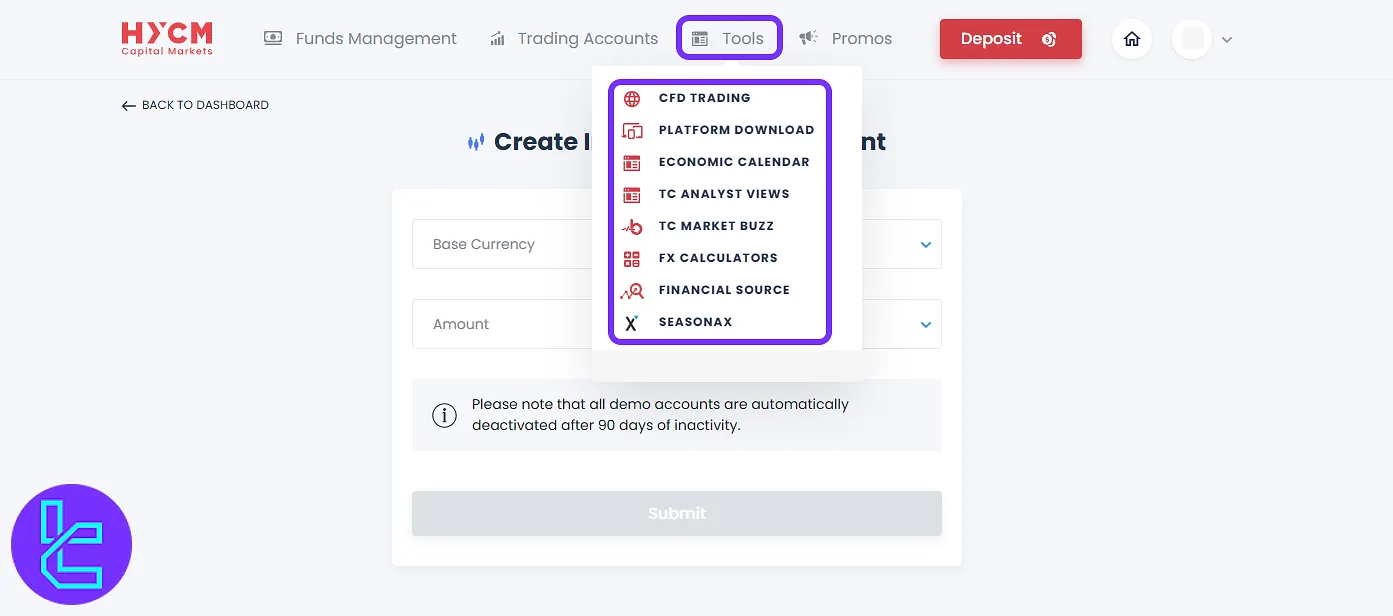 HYCM trading cabinet account setup interface for CFD and investing