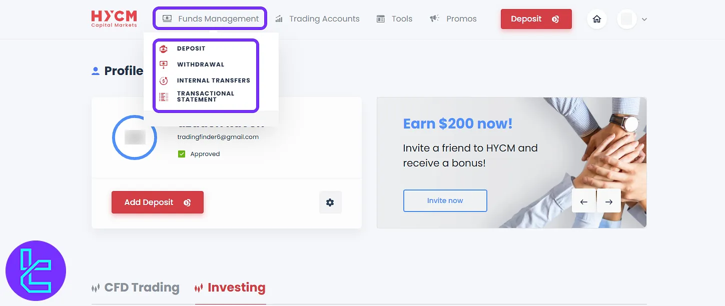 HYCM trading cabin financial menu with funds management tools