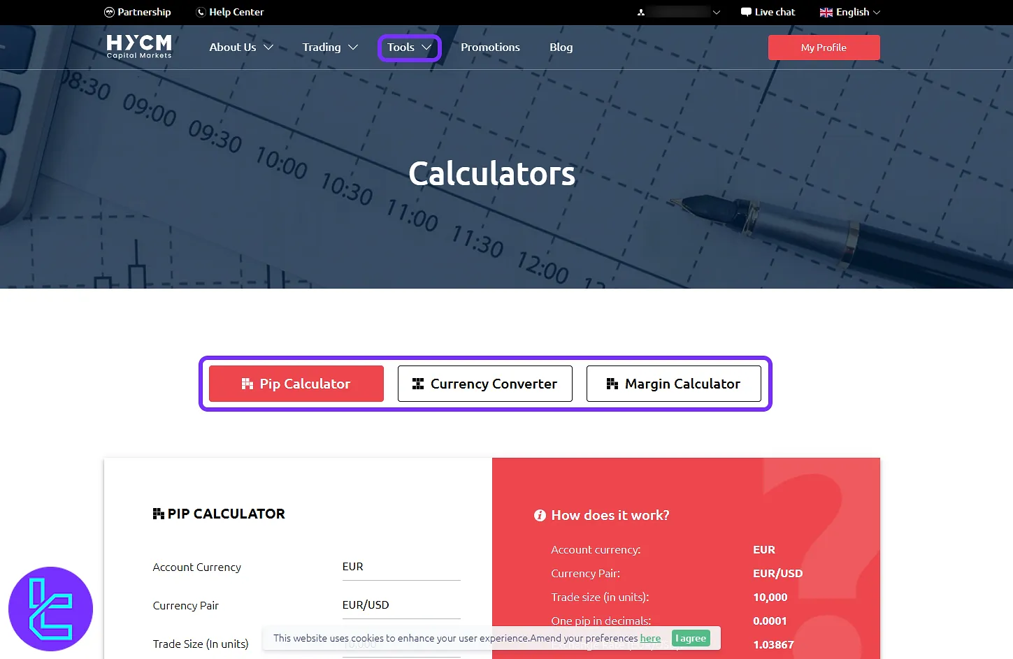 HYCM trading cabin "FX Calculators" panel