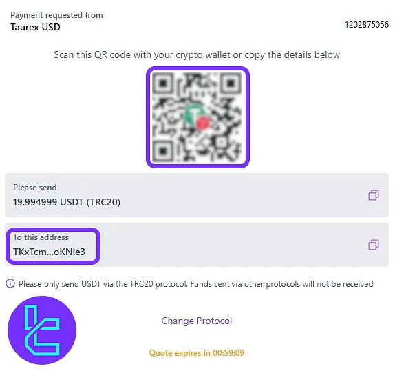 Taurex TRC20 top-up address