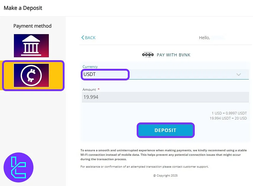 Selecting "USDT" as the funding method to fund your Taurex Account