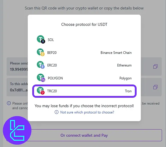 Choosing the "TRC20" network for crypto transfer in the Taurex