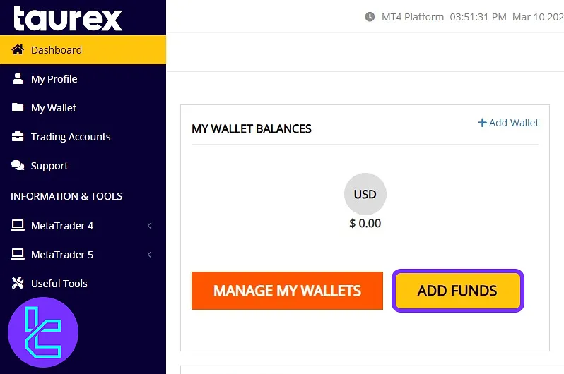 Taurex dashboard "Add Funds" selection to start the TRC20 payment