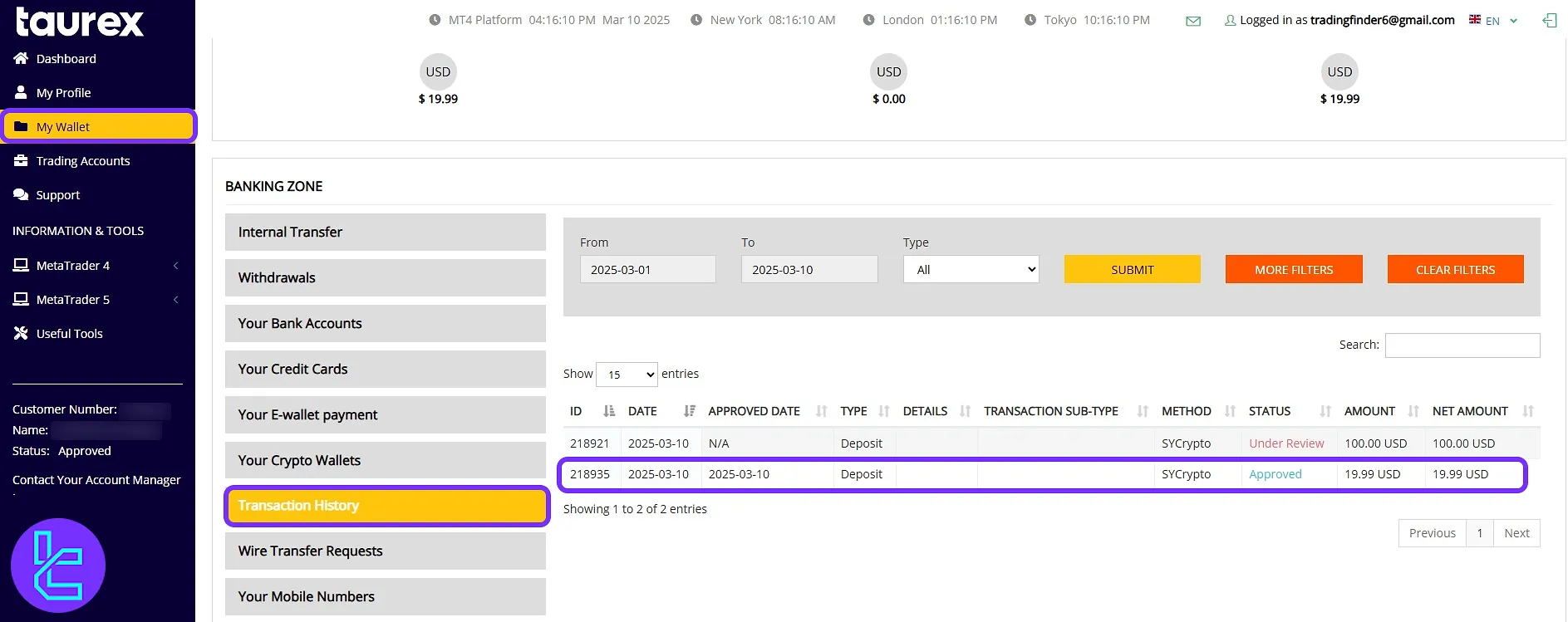 Taurex wallet "Transaction History" showing the successful TRC20 funding