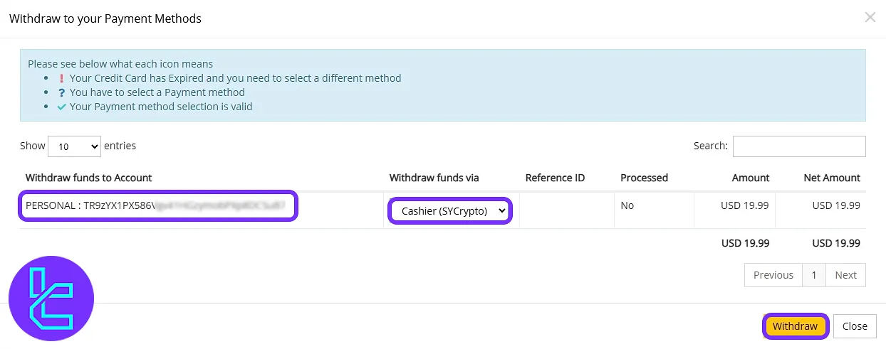 Selecting the payout wallet and confirming the TRC20 fund release request in the Taurex