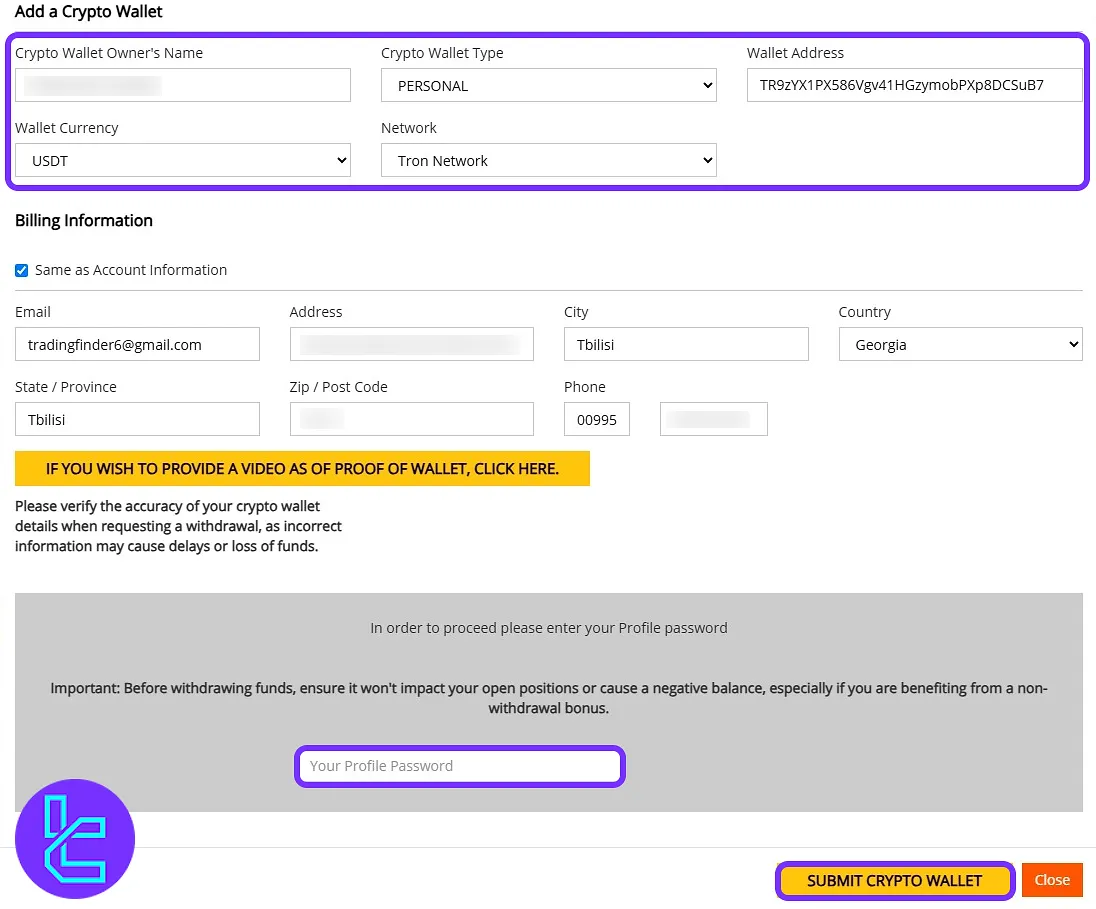 Filling out the wallet details for the TRC20 fund transfer setup