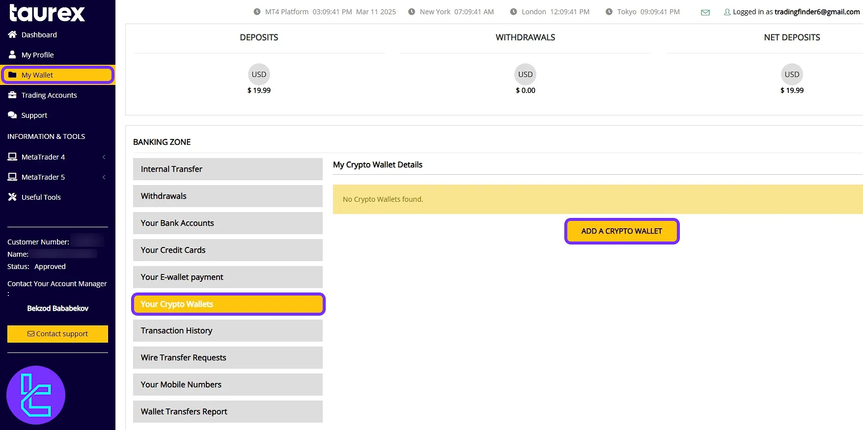 Accessing the wallet addition section at the Taurex dashboard to cash out the TRC20