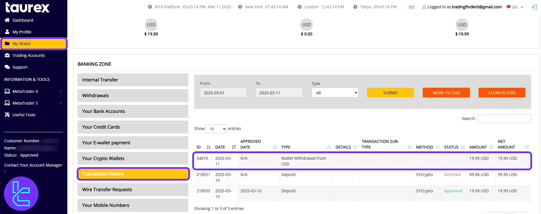 Monitoring the Taurex TRC20 transfer status