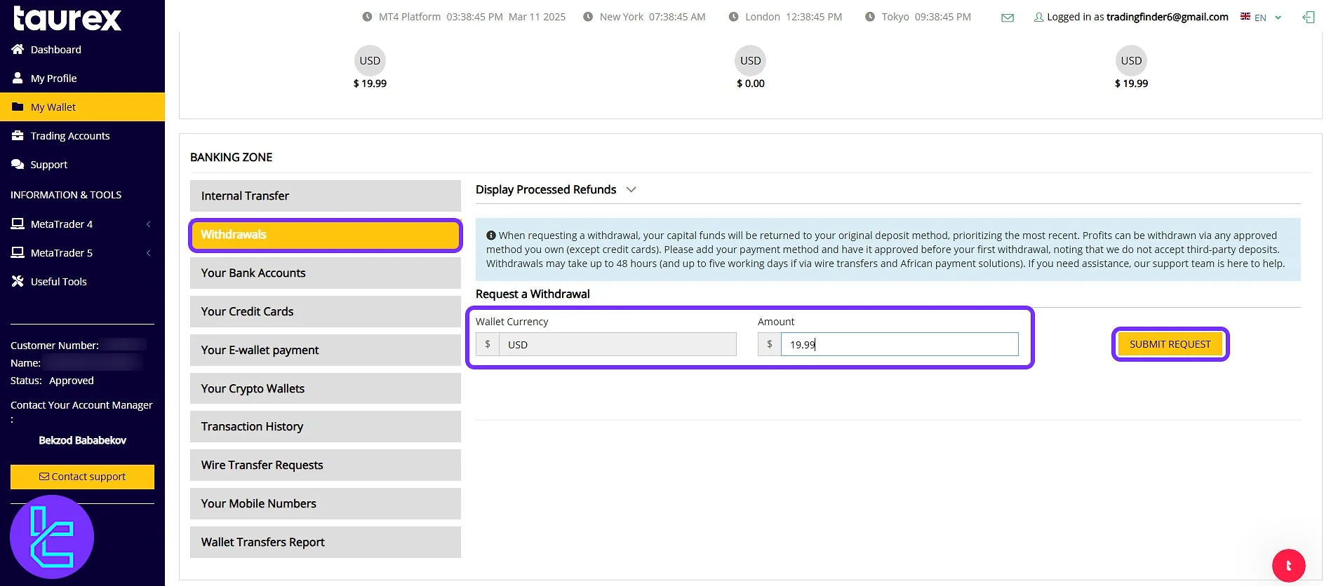 Initiating a Taurex USDT TRC-20 cash-out