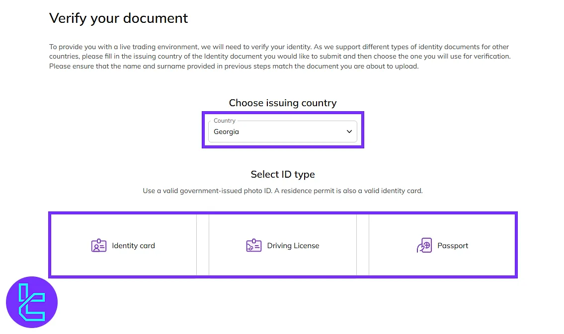 Selecting ID type for Axiory account confirmation