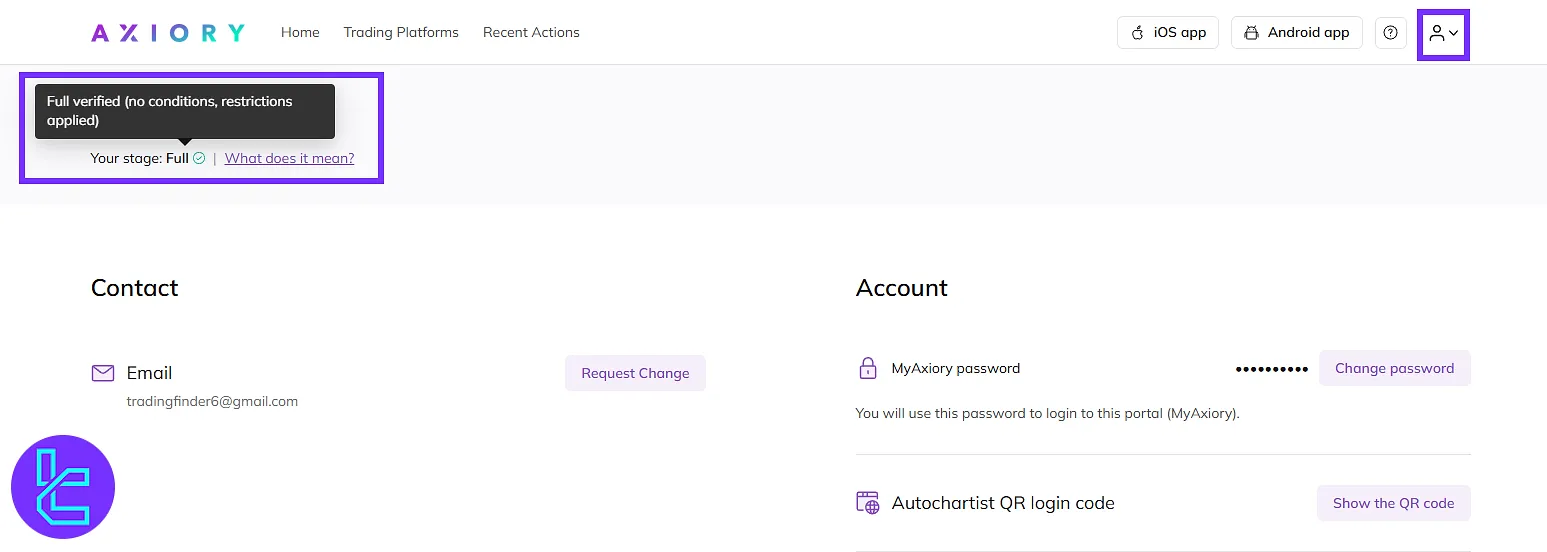 Checking the KYC status in the Axiory dashboard