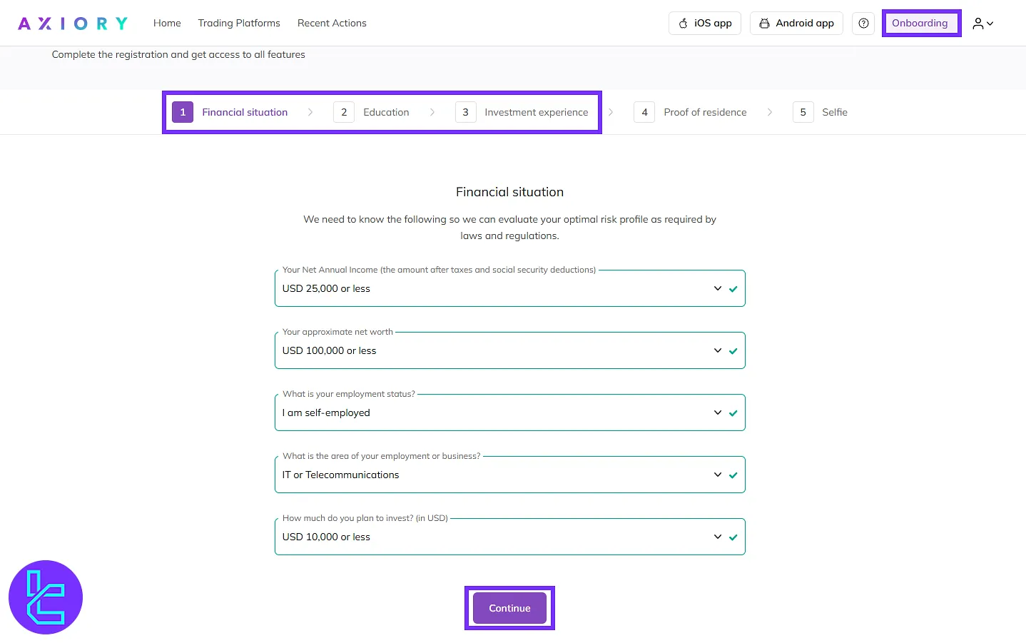 Completing financial and educational questionnaires for Axiory account authentication