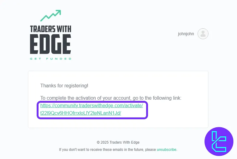 Traders with Edge email with the sign-up confirmation details