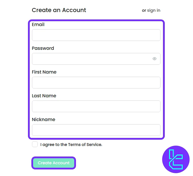 Traders with Edge account setup form with email, name, and password