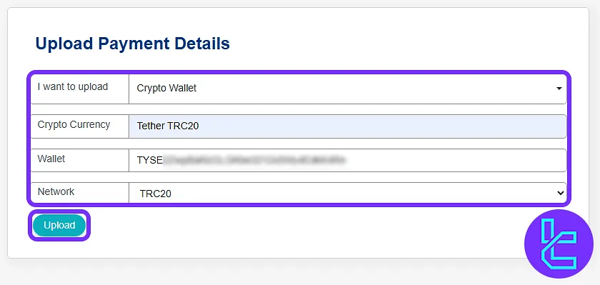 XS.com payment upload form with wallet details and TRC20 option