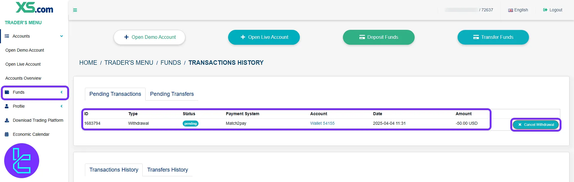 XS.com transaction history panel showing the pending status of the TRC-20 cash-out request