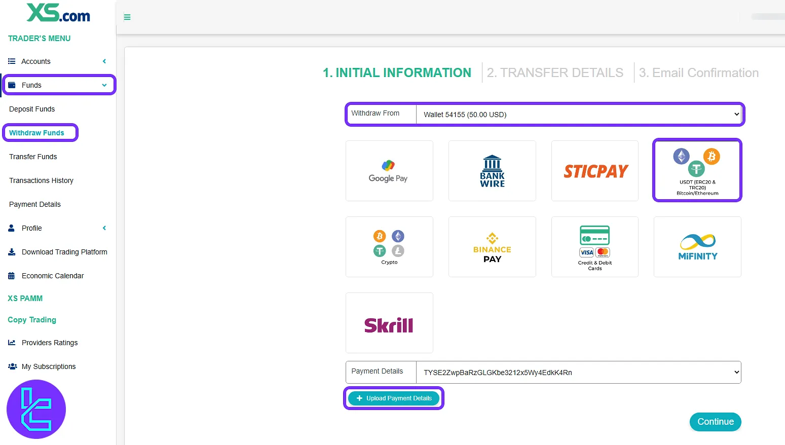 XS.com TRC-20 withdrawal menu showing the crypto method and payment upload option