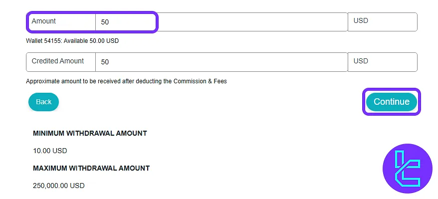 XS.com ERC20 cash-out form to specify the amount and payout limits