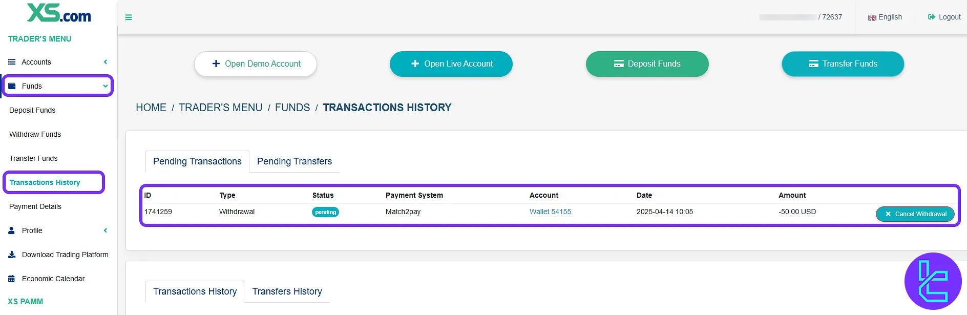 XS.com ERC20 transaction log