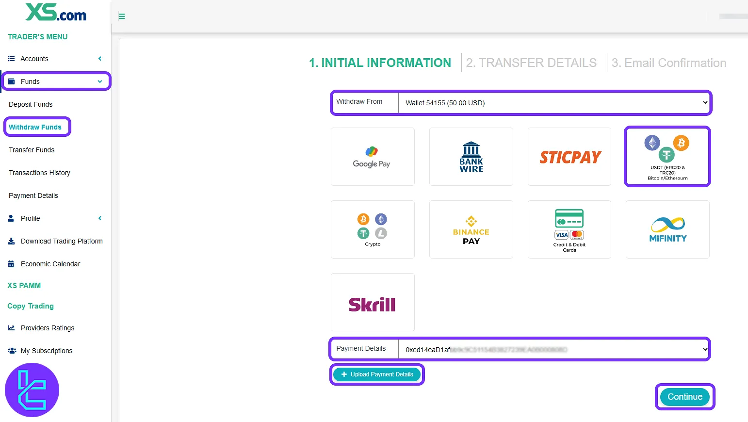 Selecting XS.com ERC20 payout method on the dashboard