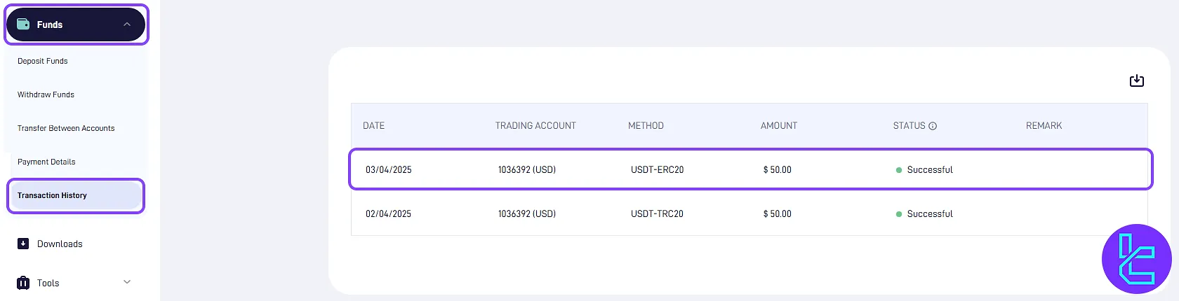 STARTRADER ERC20 cash out in Transaction History