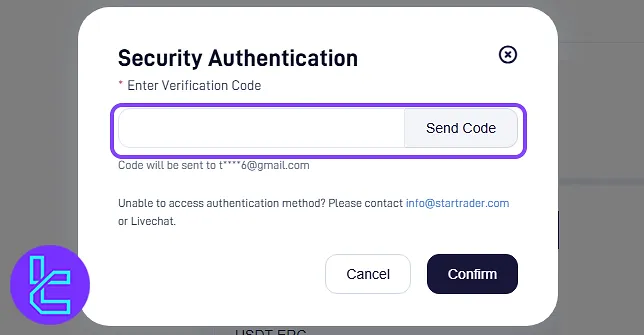 Email verification step in STARTRADER ERC20 withdrawal