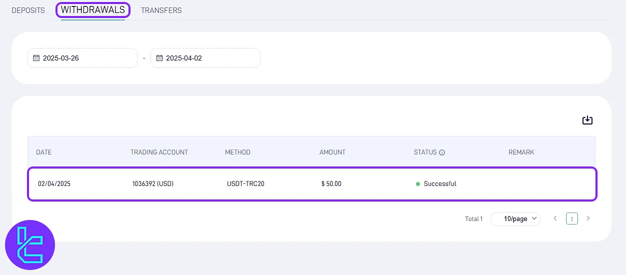 STARTRADER TRC20 cash out in Transaction History