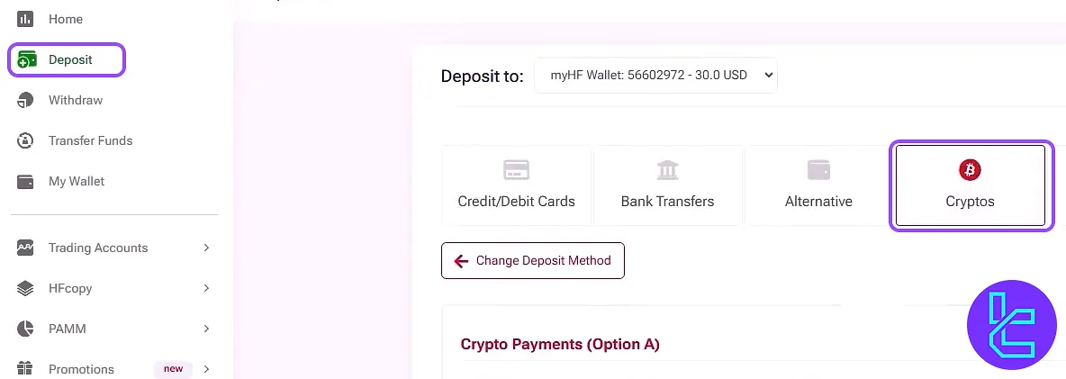 HFM ERC20 cash in with Crypto option selected