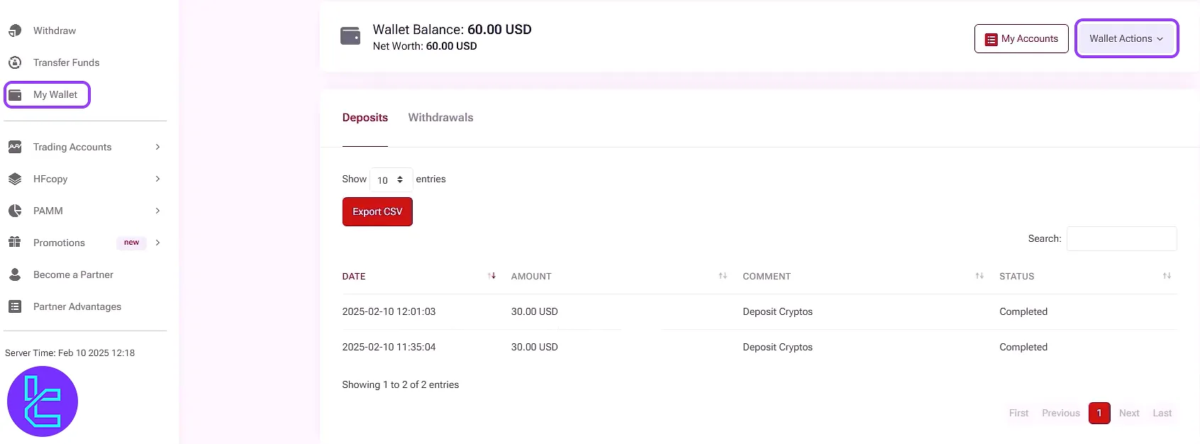 Wallet Finance section displaying confirmed HFM ERC20 charge