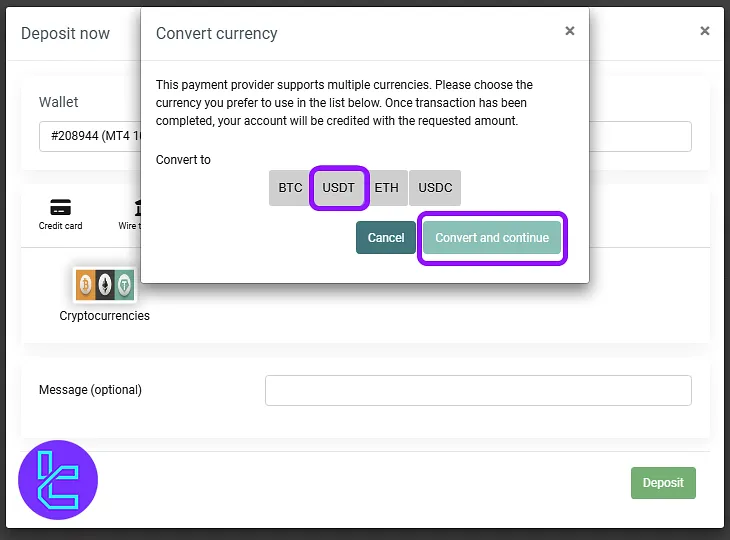 4XC ERC20 payment selection screen