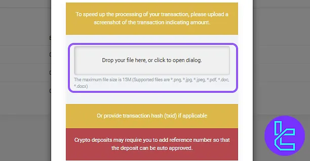 Reference number entry and wallet screenshot upload for 4XC ERC20 funding