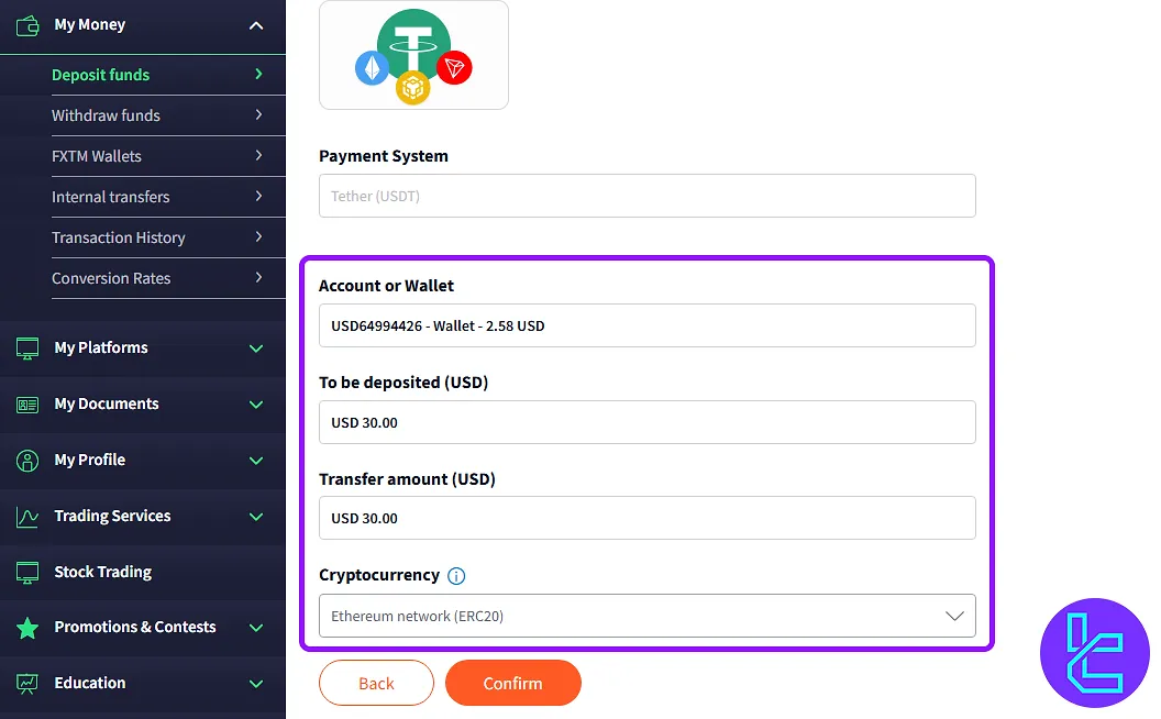 FXTM ERC20 charge network selection