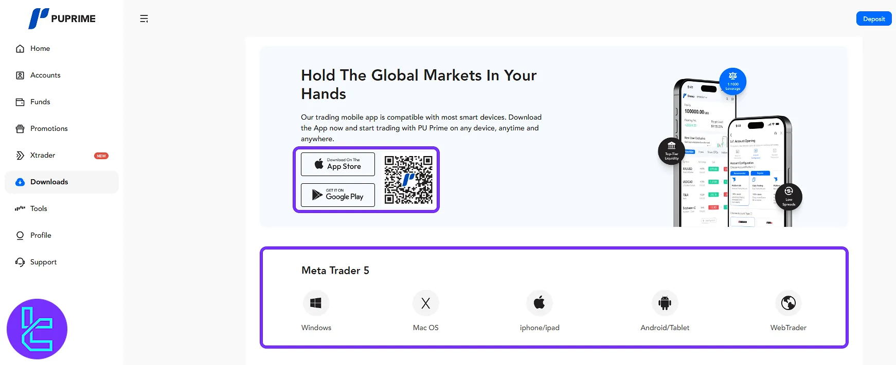 PU Prime app and MetaTrader download section in the trading cabin
