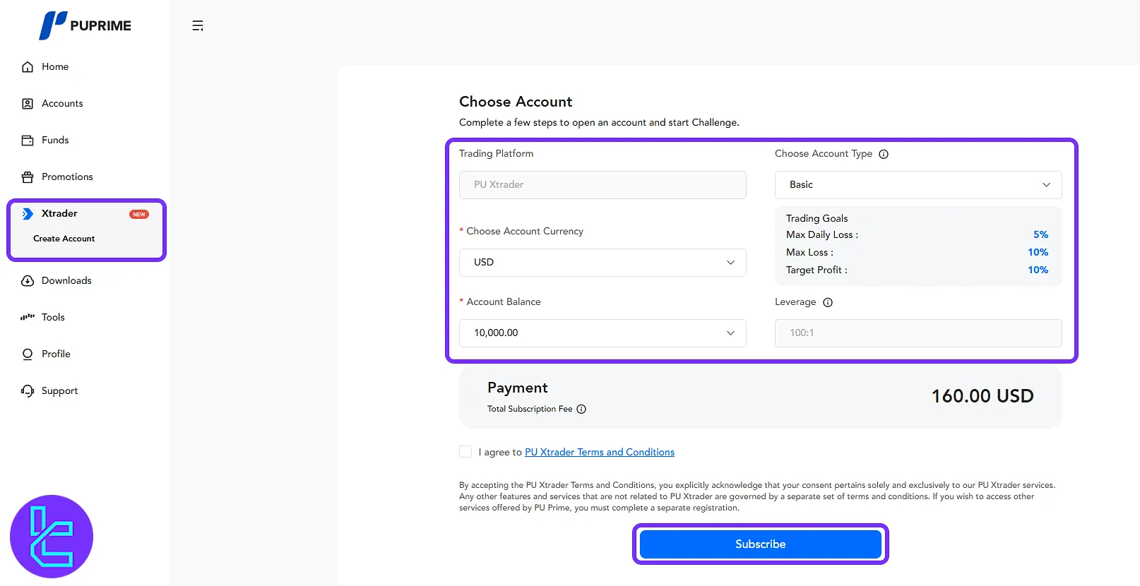 PU Prime XTrader account setup interface