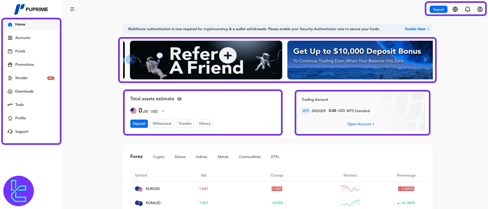 PU Prime user panel overview with deposit, notifications, and event banners