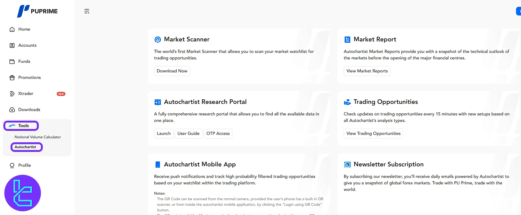 PU Prime "AutoChartist" features access through the panel