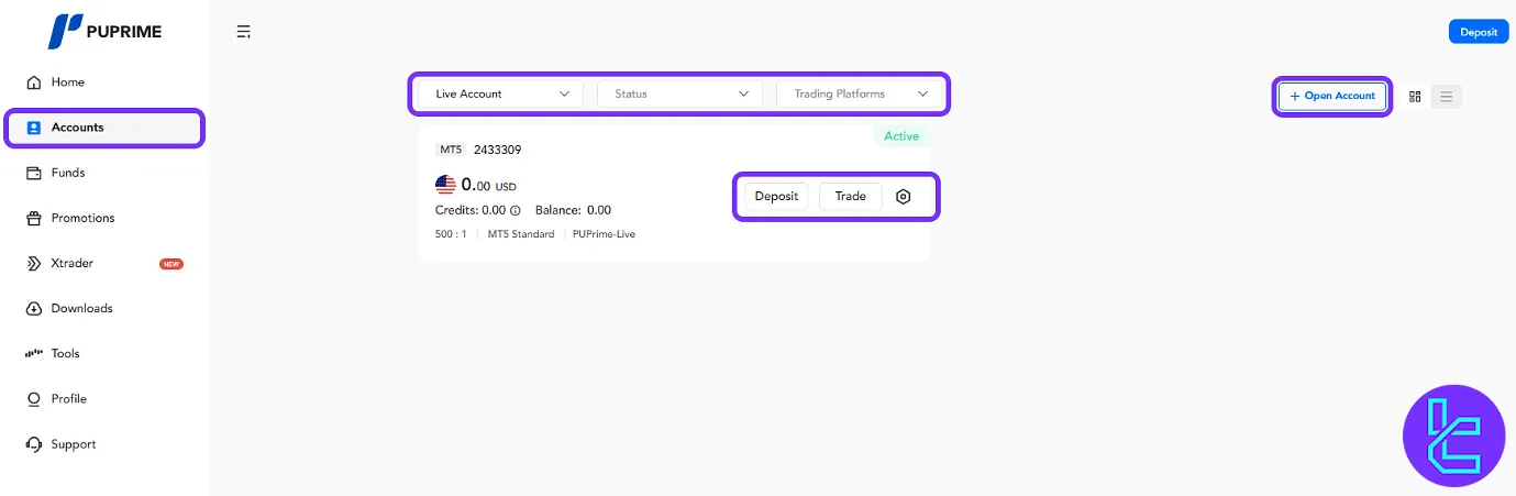 PU Prime account management cabin with the "Deposit" and "Trade" options