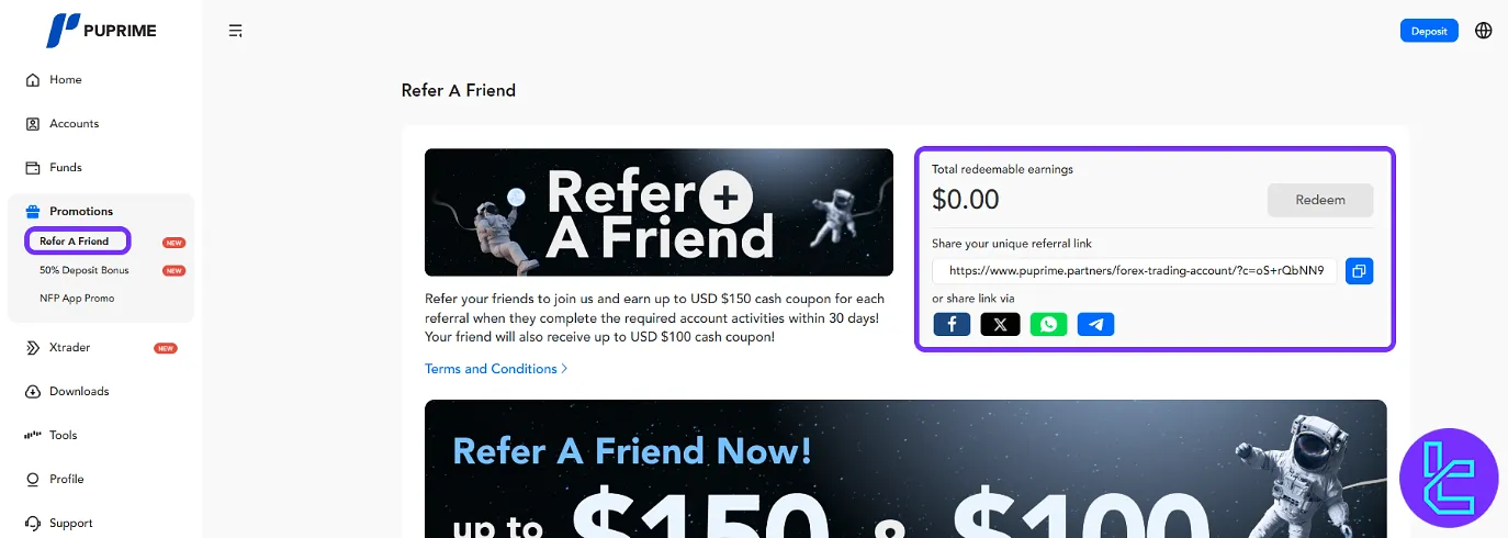 PU Prime referral link sharing and earnings overview in the trading cabin
