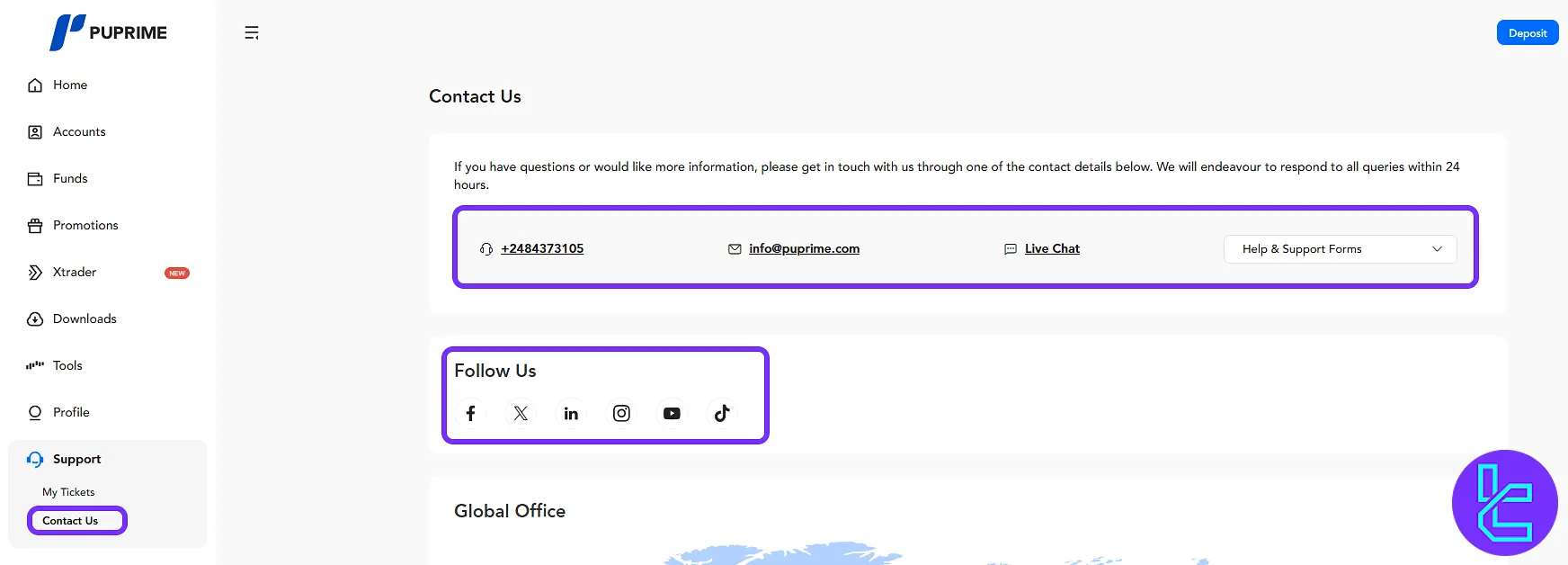 PU Prime contact and social network support panel