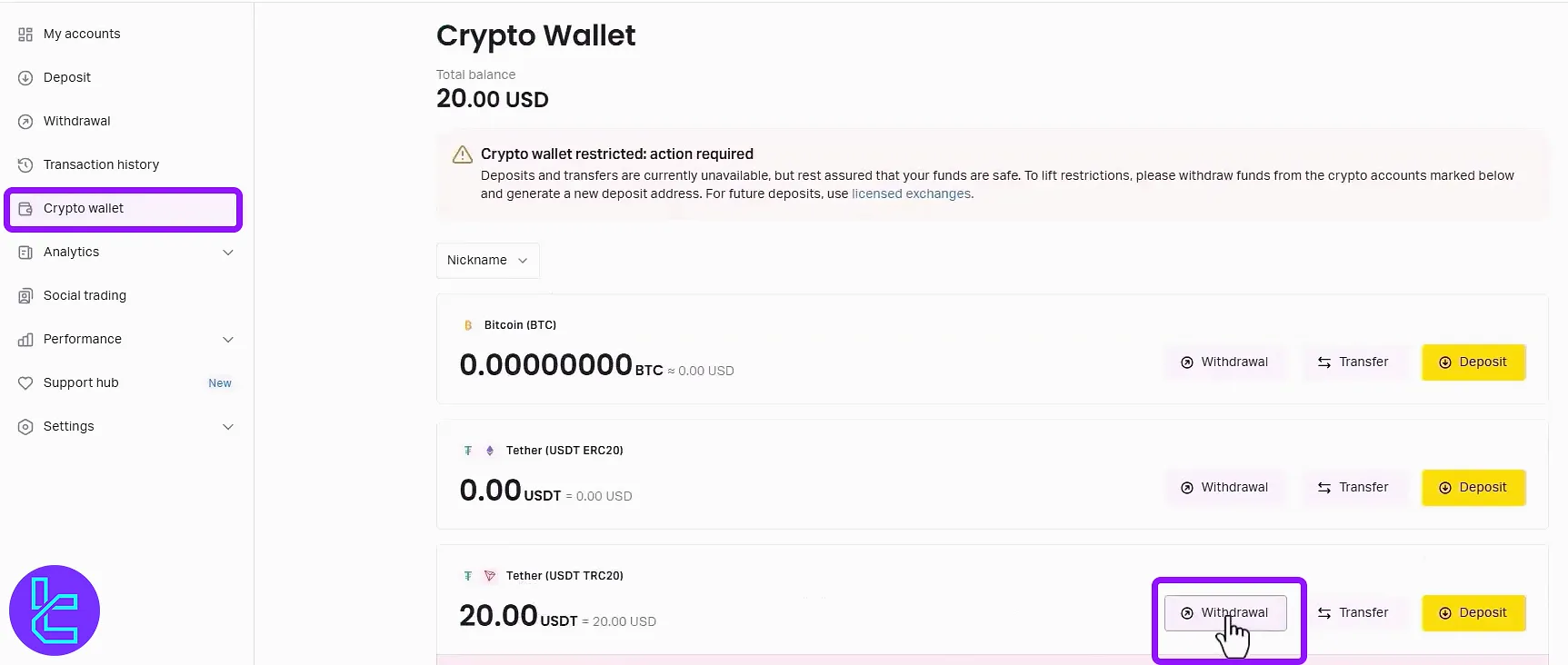accessing TRC20 cash-out menu in Exness crypto wallet