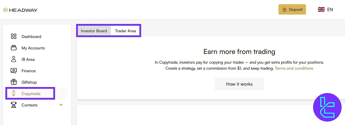 Headway platform showing copy trading access and board selection options