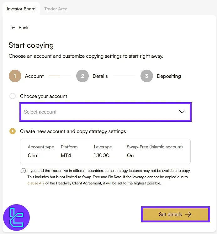 Linking investor account to selected strategy provider in Headway copy trading section