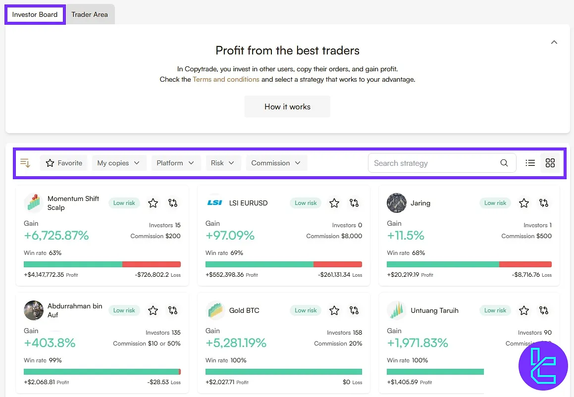 Filtered list of top strategies in Headway social trading section