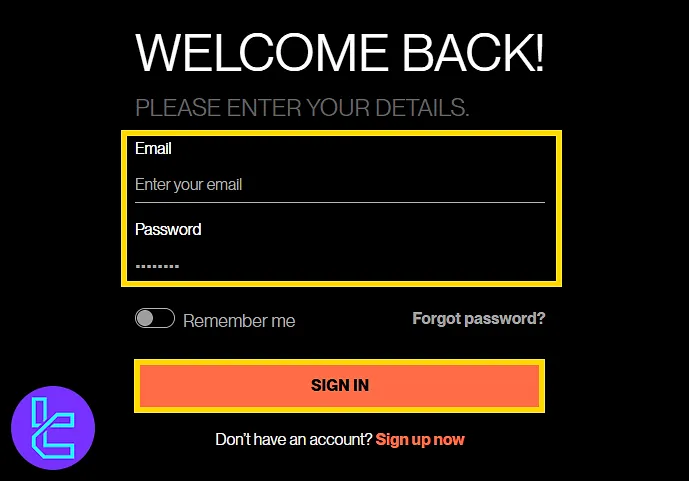 Logging in with account credentials on the Funding Traders page after signing up