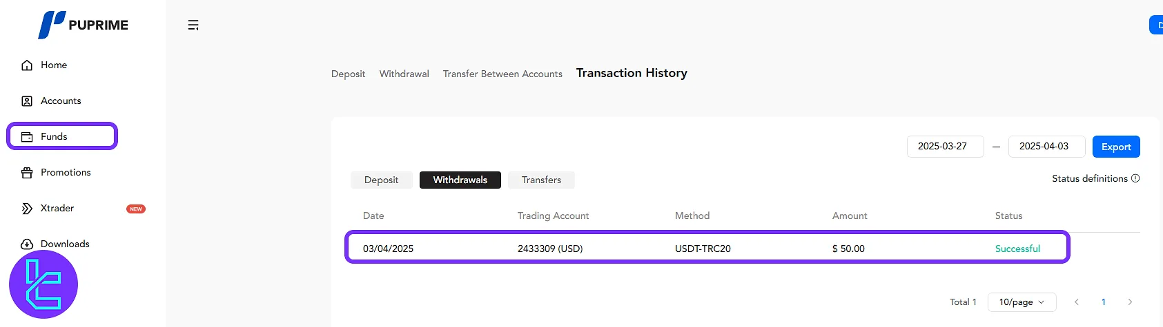 Transaction History display in the PU Prime dashboard for TRC20 transfers