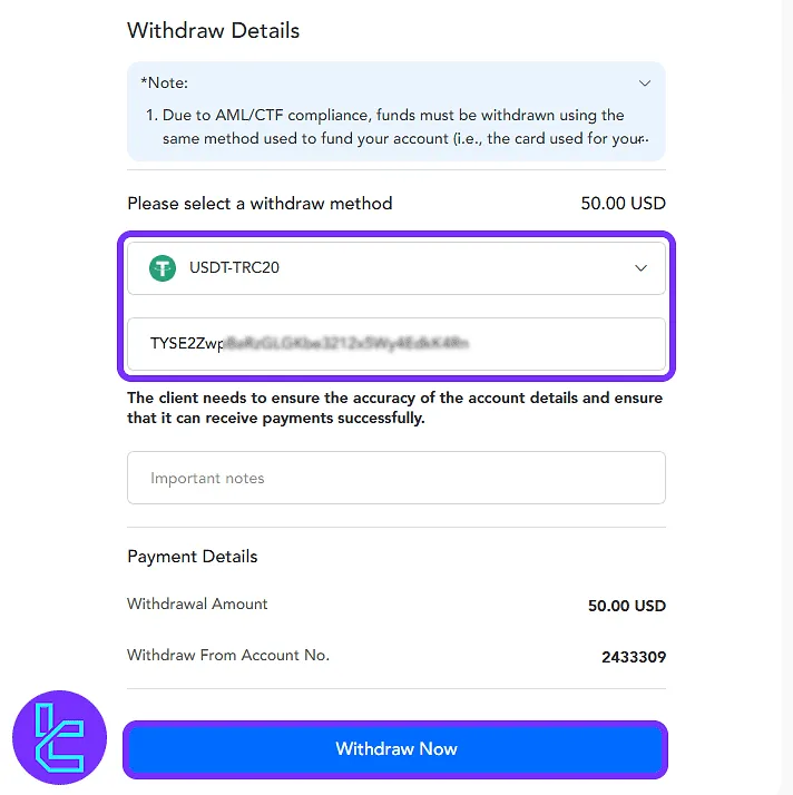 TRC20 method selection and wallet entry screen in the PU Prime payout process