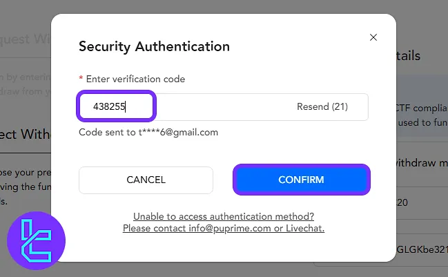 Code verification screen in PU Prime TRC20 transaction form