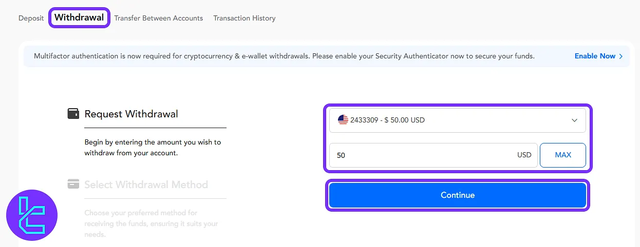 Form showing account and amount entry for TRC20 transfer in PU Prime